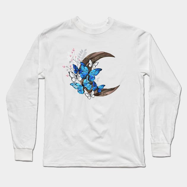 Blue butterflies on wooden crescent Long Sleeve T-Shirt by Blackmoon9